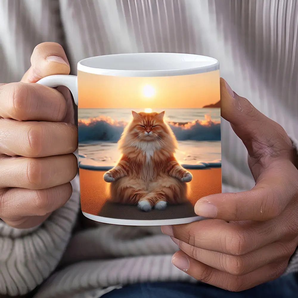 Fluffy Orange Cat Meditating Beach Sunset – Mugs