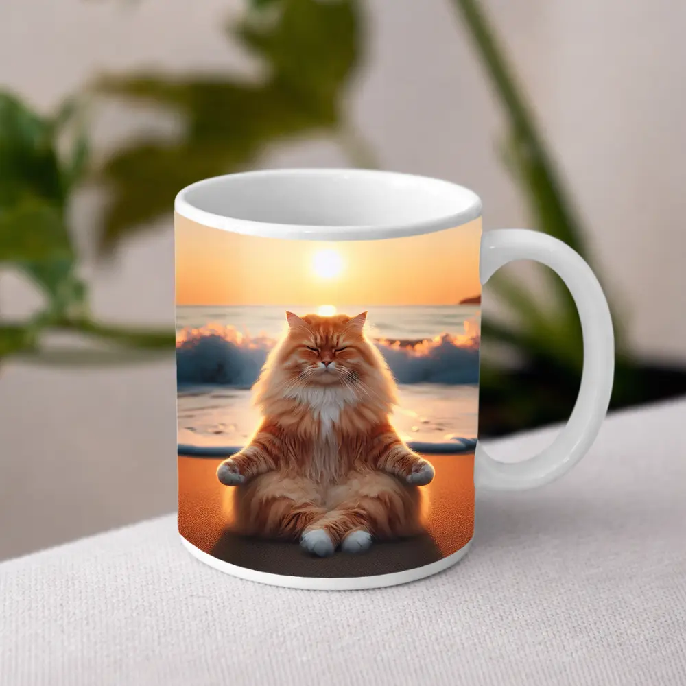 Fluffy Orange Cat Meditating Beach Sunset – Mugs