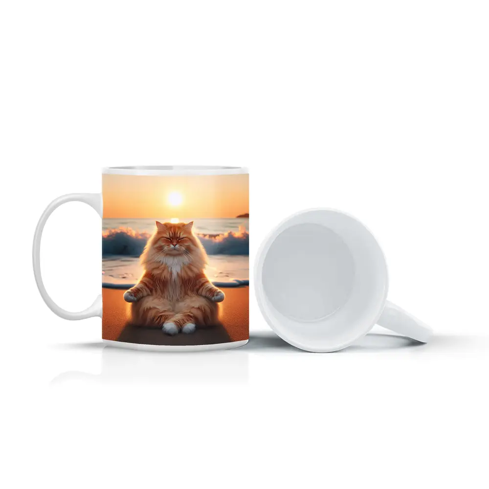Fluffy Orange Cat Meditating Beach Sunset – Mugs
