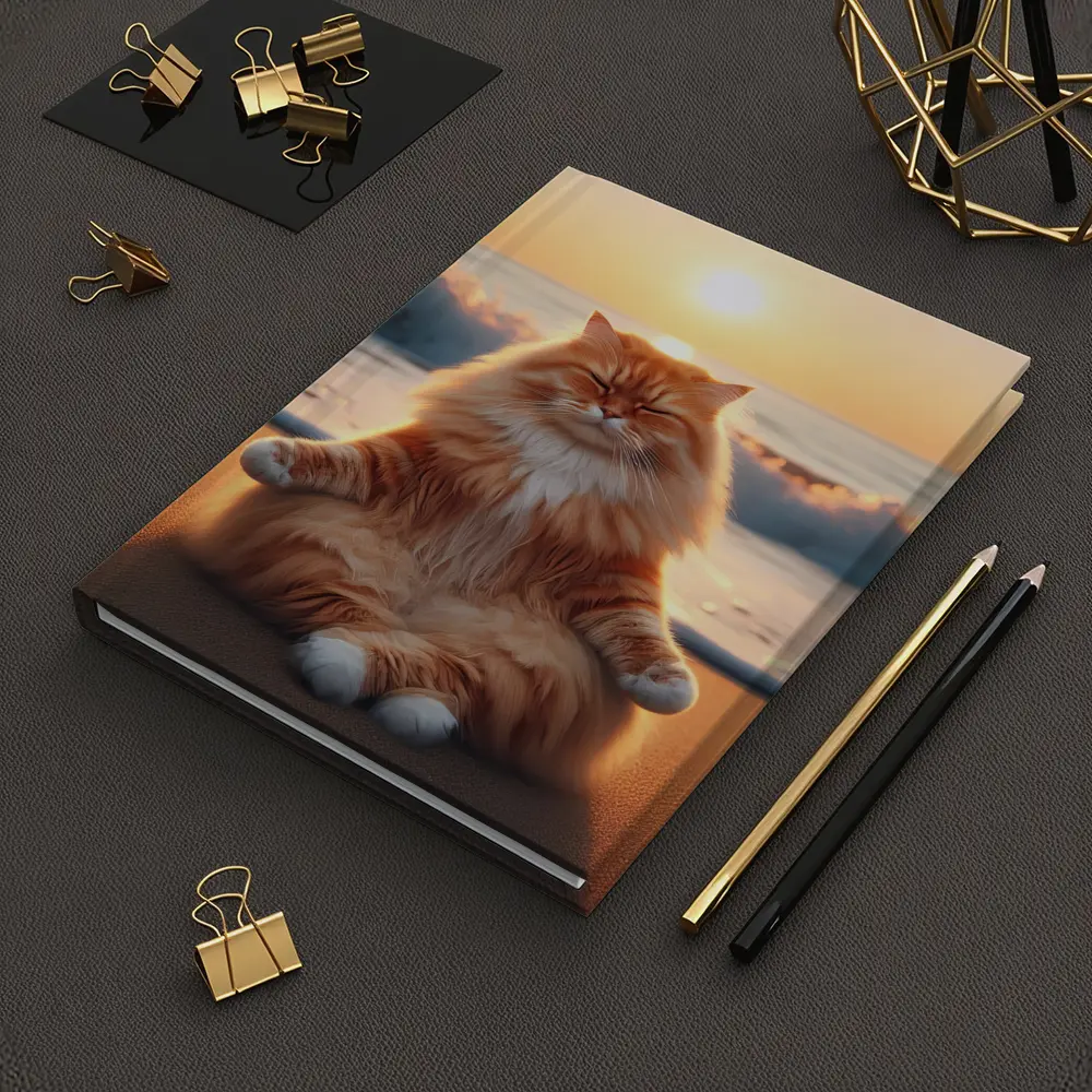 Fluffy Orange Cat Meditating Beach Sunset – Notebooks