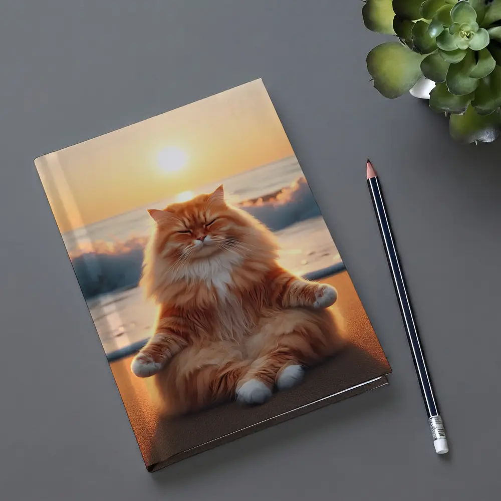 Fluffy Orange Cat Meditating Beach Sunset – Notebooks