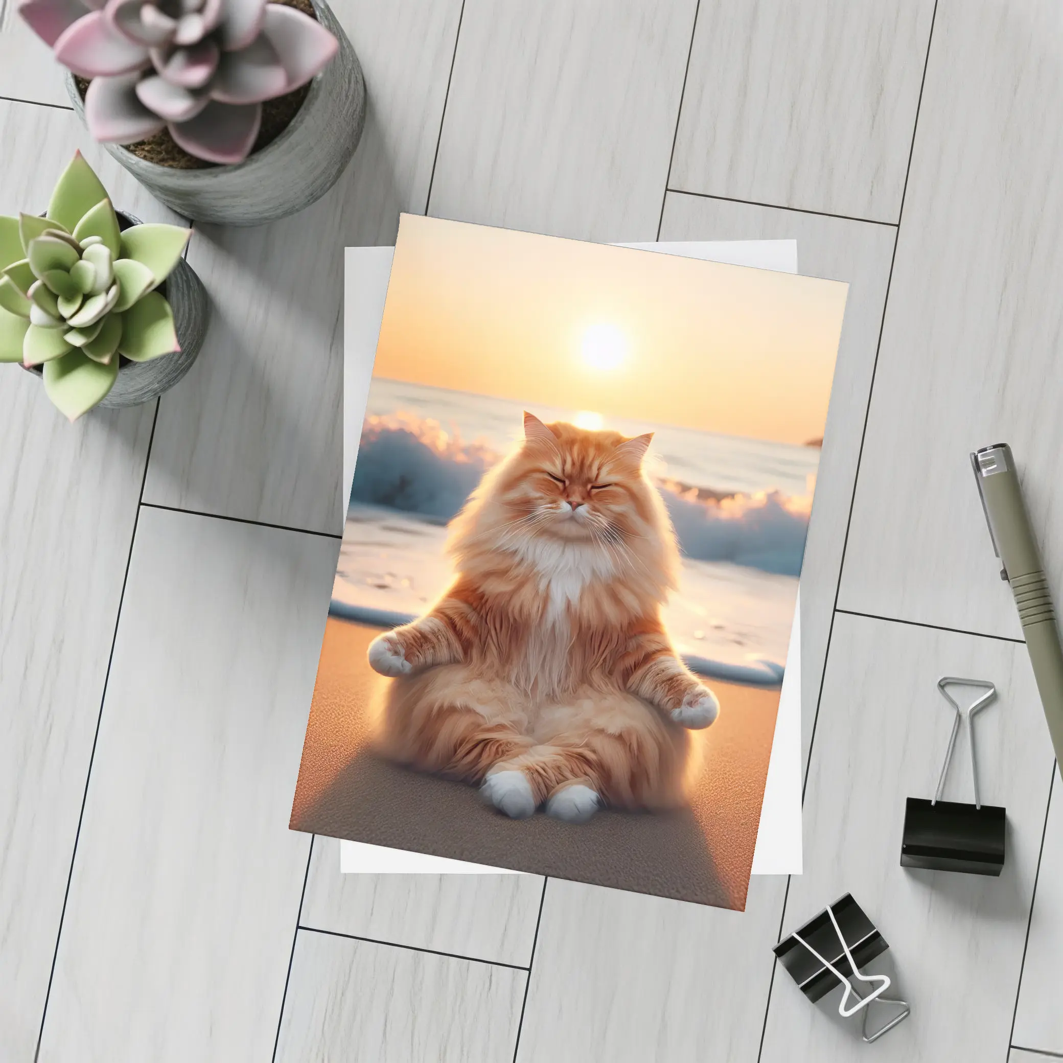 Fluffy Orange Cat Meditating Beach Sunset – Postcards
