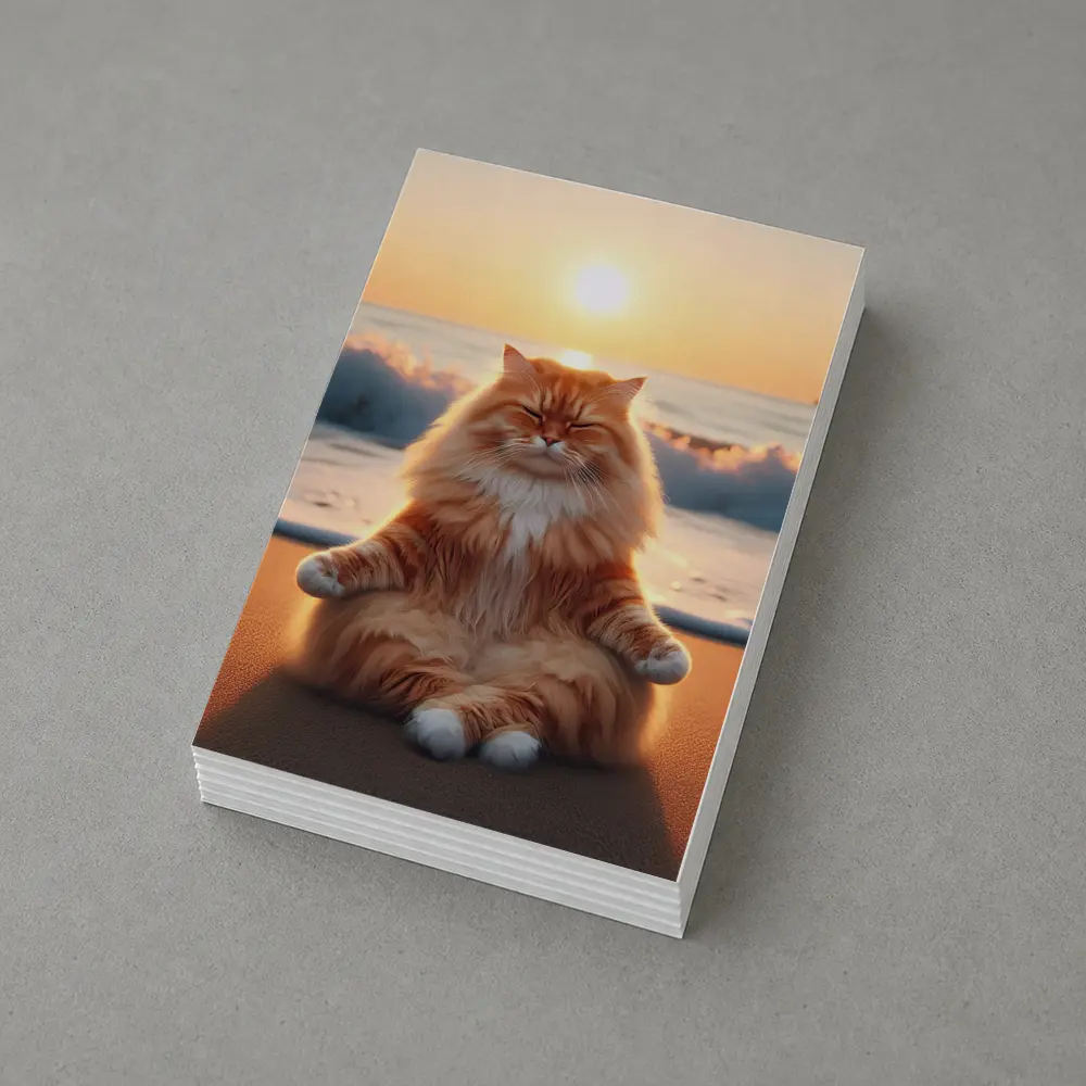 Fluffy Orange Cat Meditating Beach Sunset – Postcards