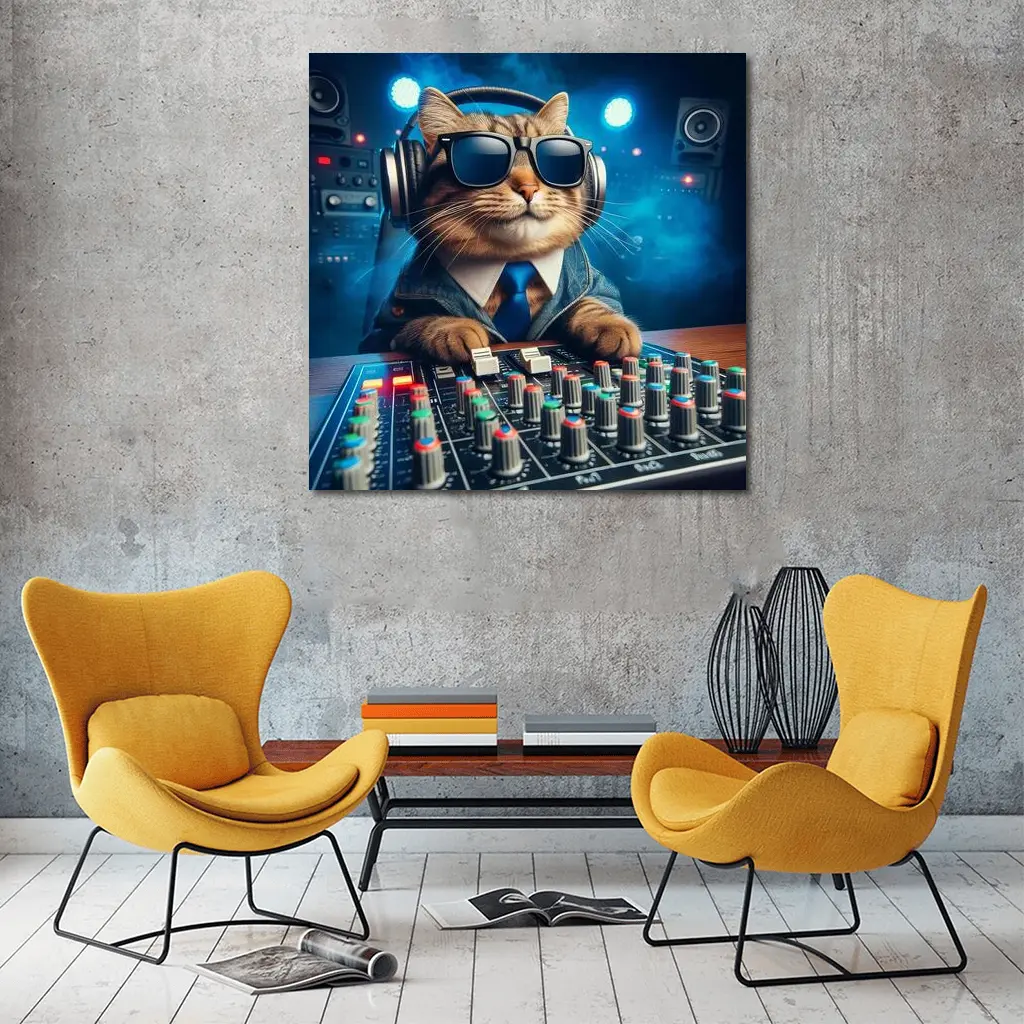 DJ Cat Wearing Sunglasses At Mixing Console – Wall Art