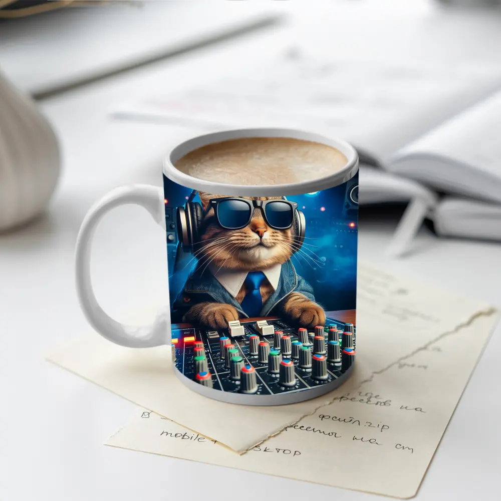 DJ Cat Wearing Sunglasses At Mixing Console – Mugs
