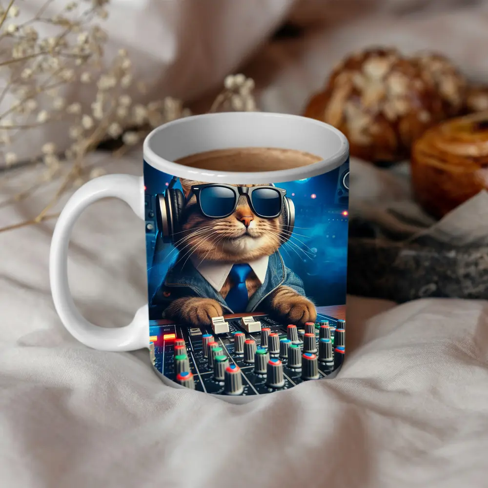 DJ Cat Wearing Sunglasses At Mixing Console – Mugs