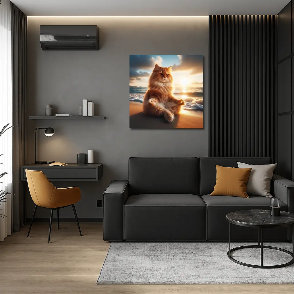 Fluffy Orange Cat Meditating Beach Sunset – Wall Art