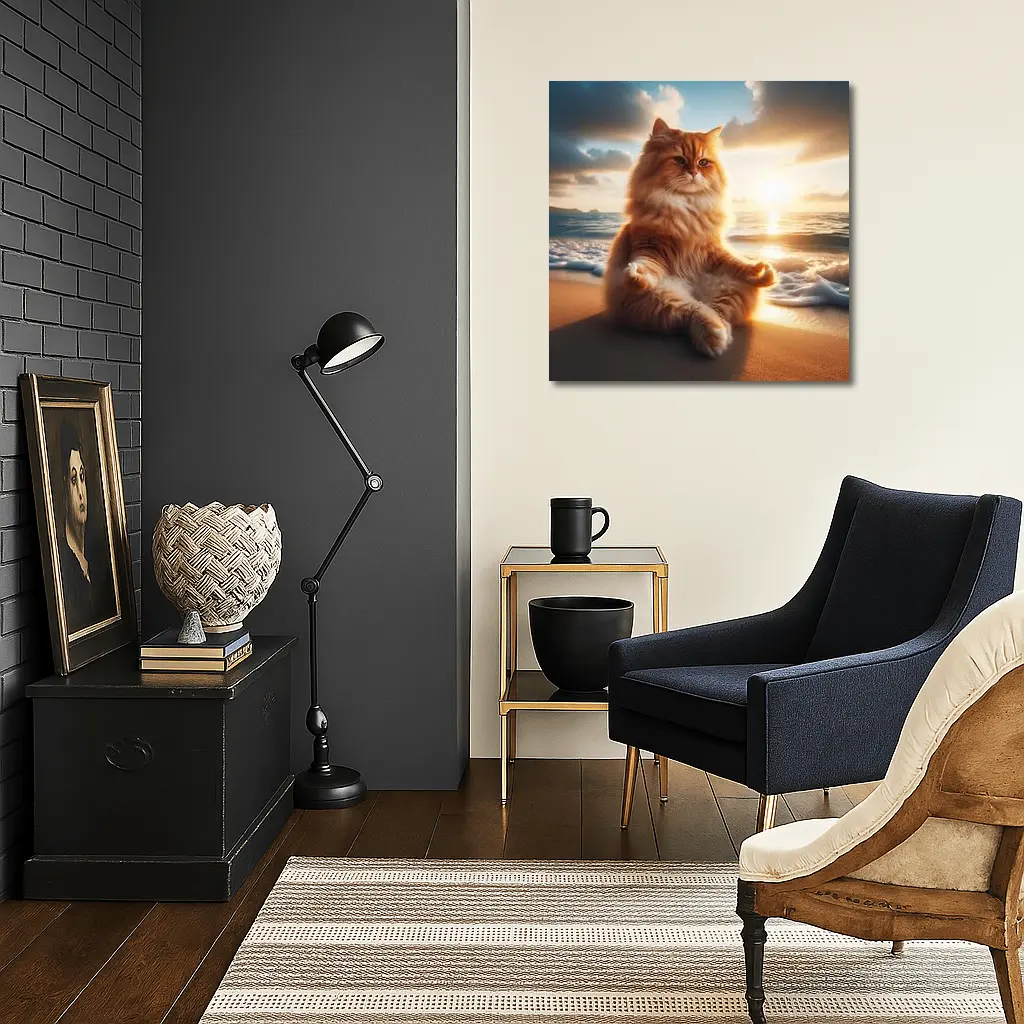 Fluffy Orange Cat Meditating Beach Sunset – Wall Art