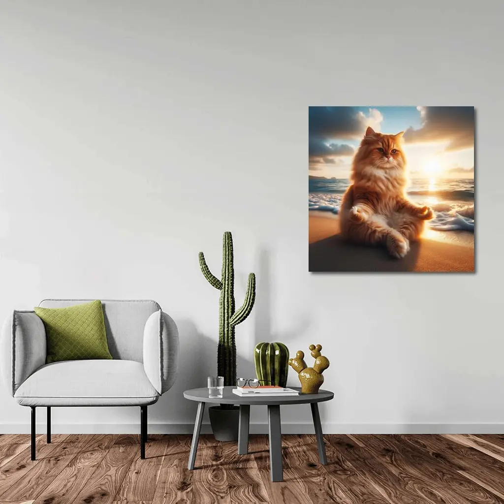 Fluffy Orange Cat Meditating Beach Sunset – Wall Art