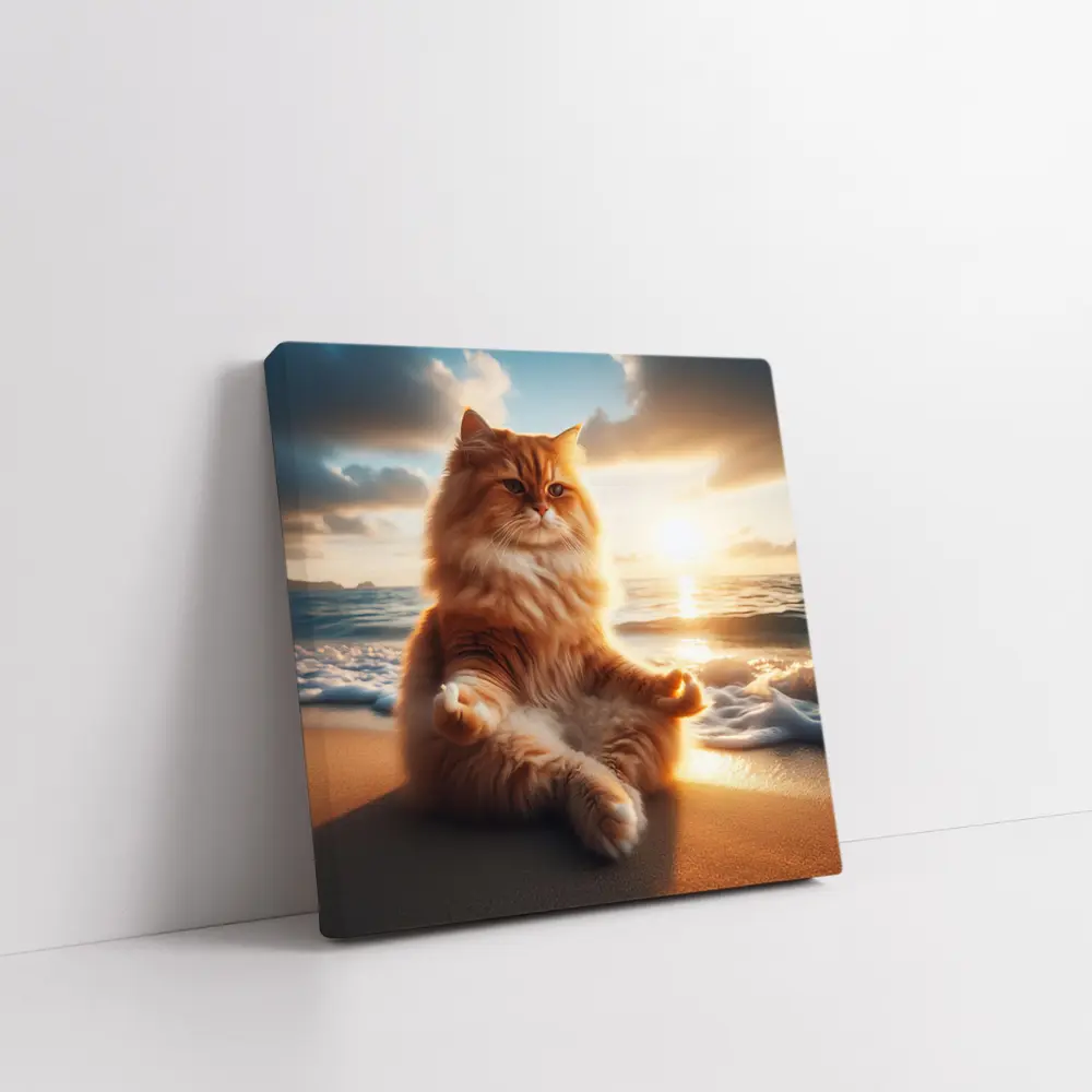 Fluffy Orange Cat Meditating Beach Sunset – Wall Art