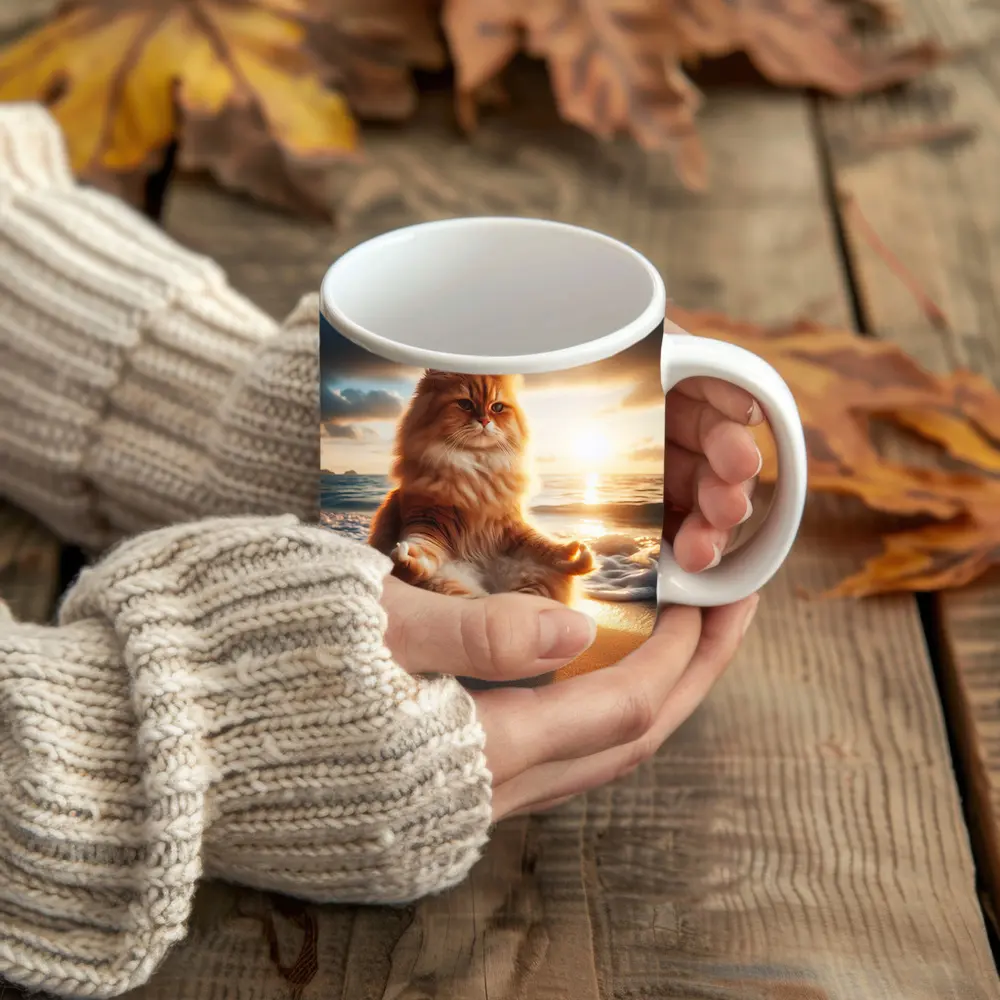 Fluffy Orange Cat Meditating Beach Sunset – Mugs