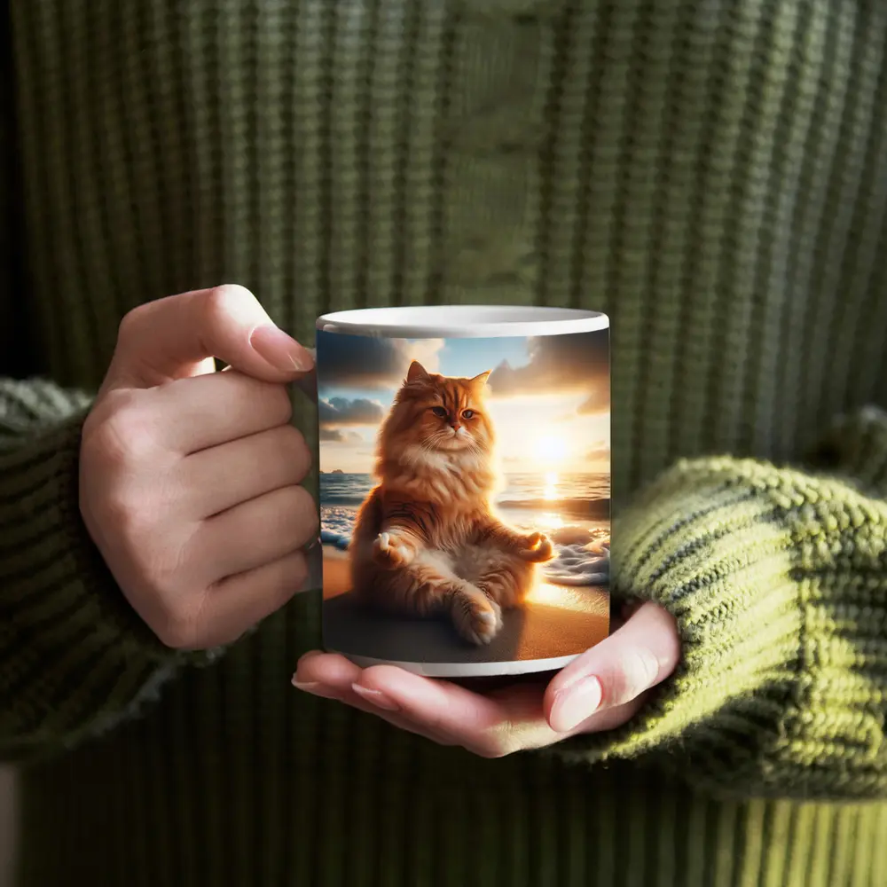 Fluffy Orange Cat Meditating Beach Sunset – Mugs