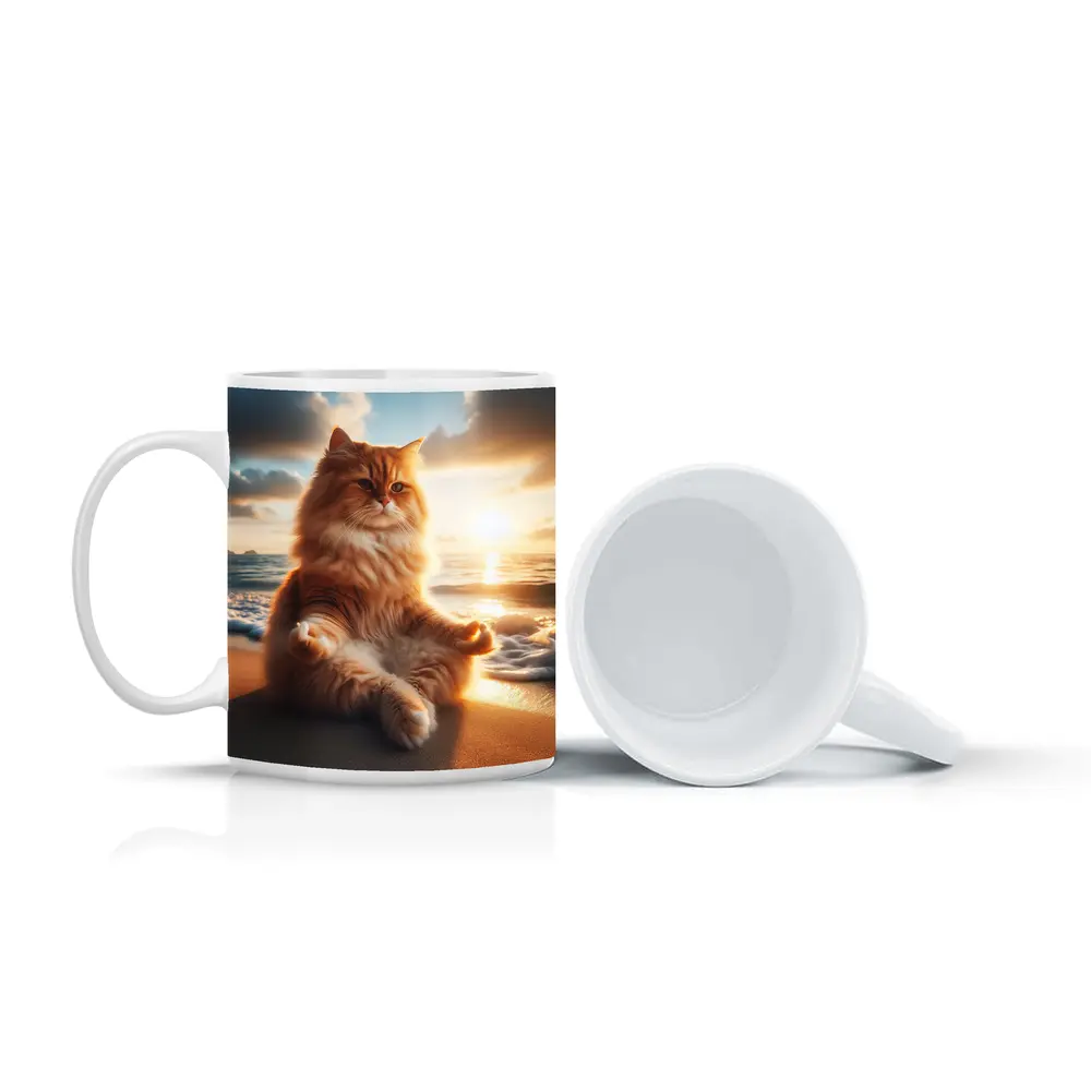 Fluffy Orange Cat Meditating Beach Sunset – Mugs