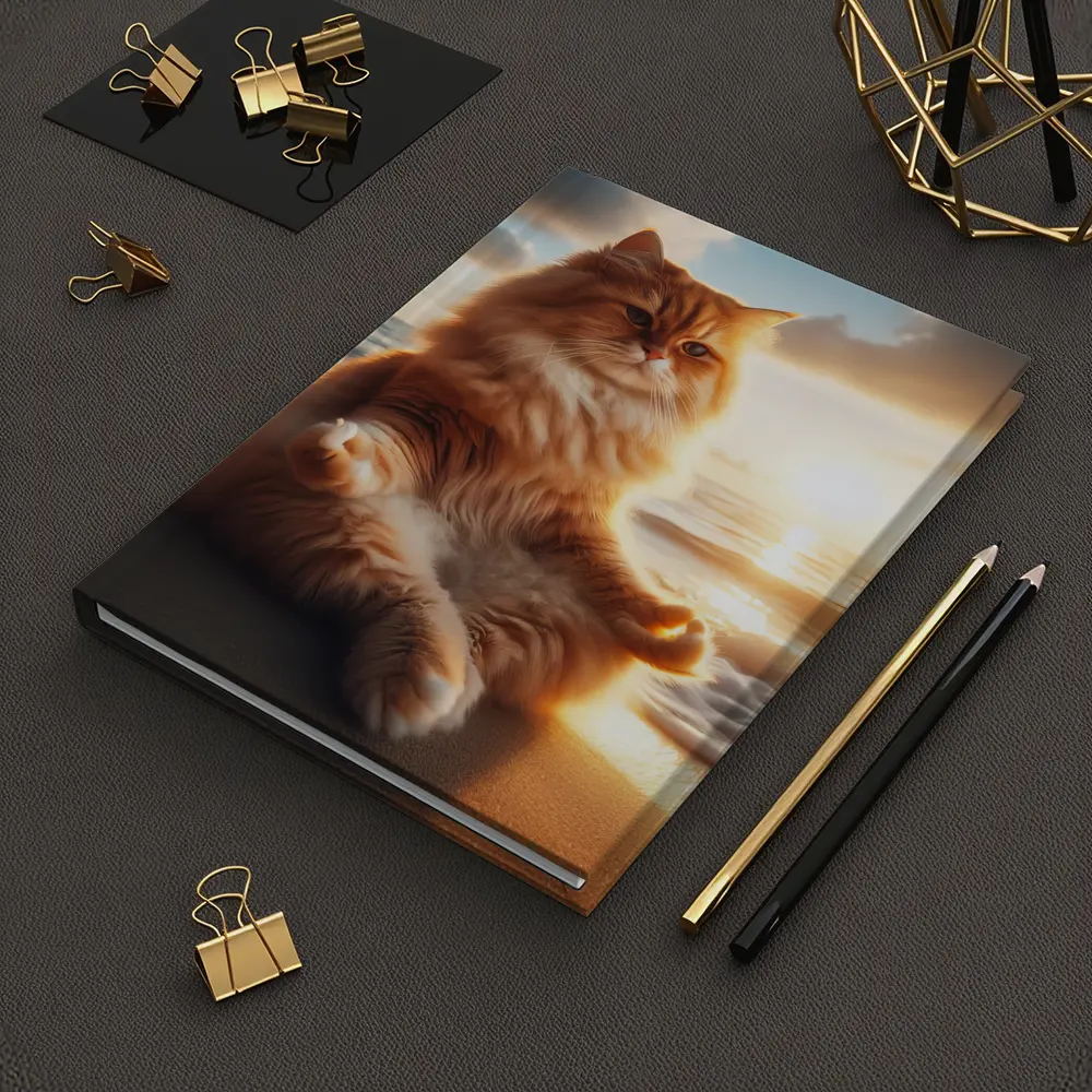 Fluffy Orange Cat Meditating Beach Sunset – Notebooks
