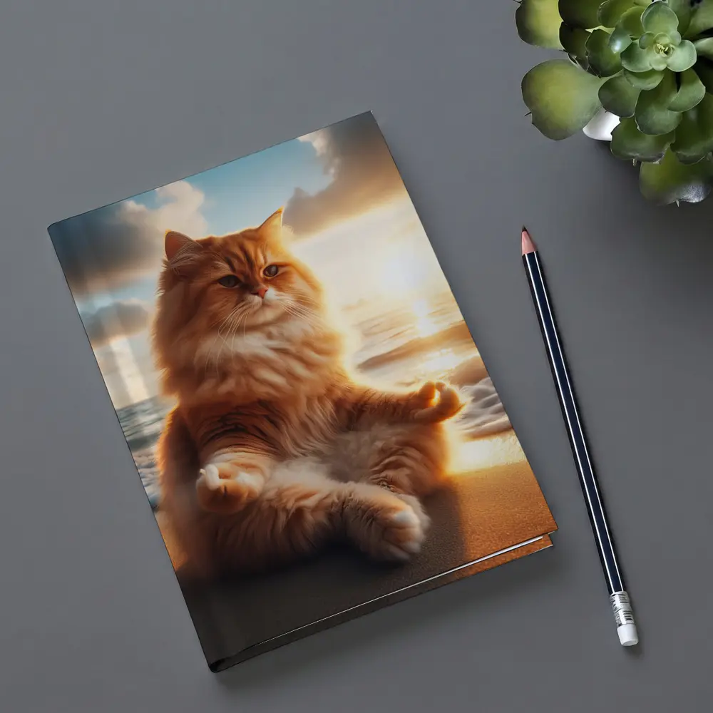 Fluffy Orange Cat Meditating Beach Sunset – Notebooks
