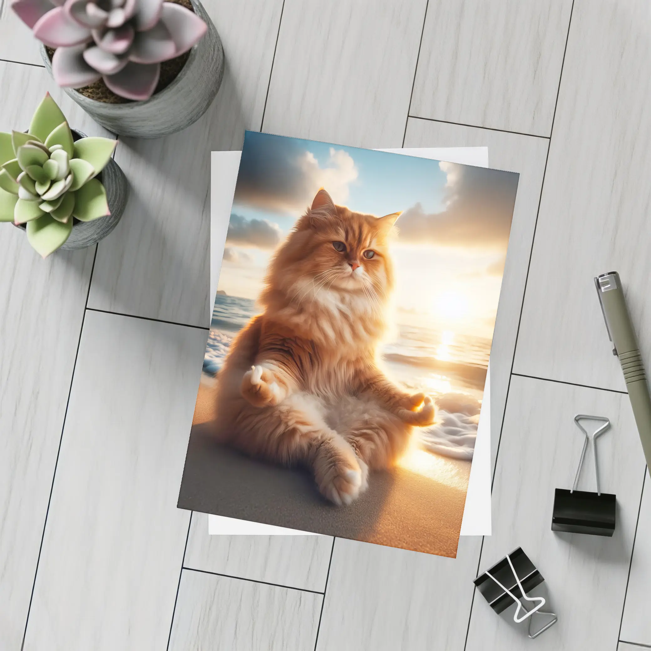 Fluffy Orange Cat Meditating Beach Sunset – Postcards