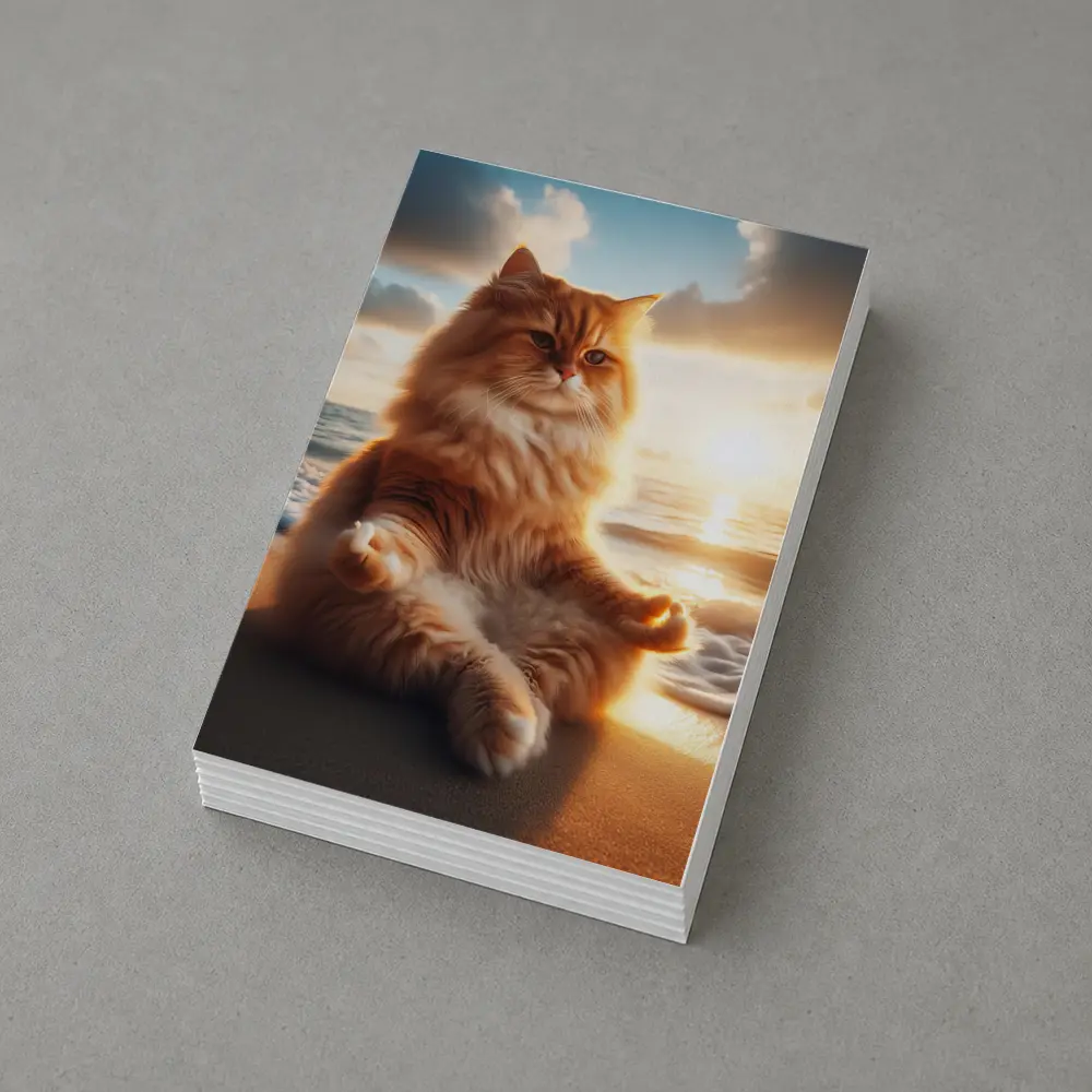Fluffy Orange Cat Meditating Beach Sunset – Postcards