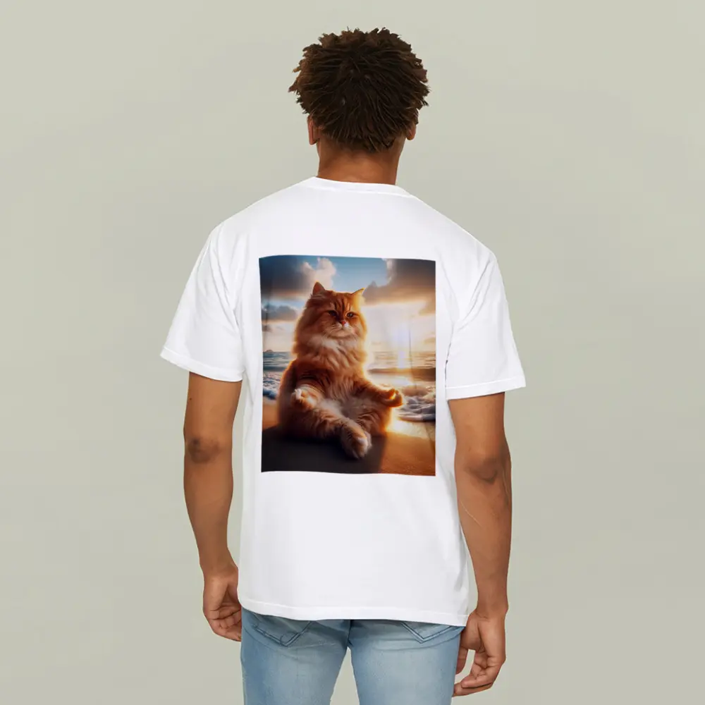 Fluffy Orange Cat Meditating Beach Sunset – T-Shirts