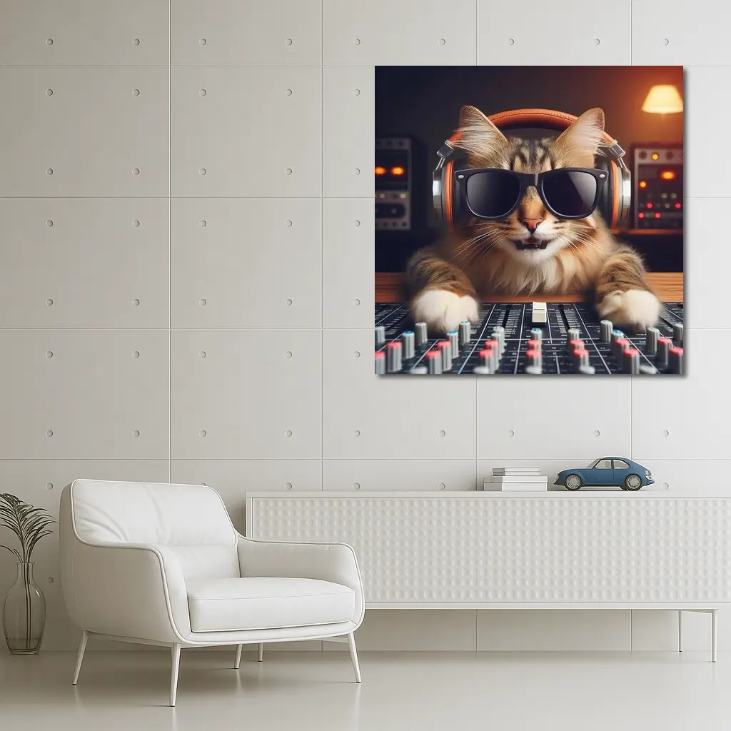 DJ Cat Wearing Sunglasses At Mixing Console – Wall Art