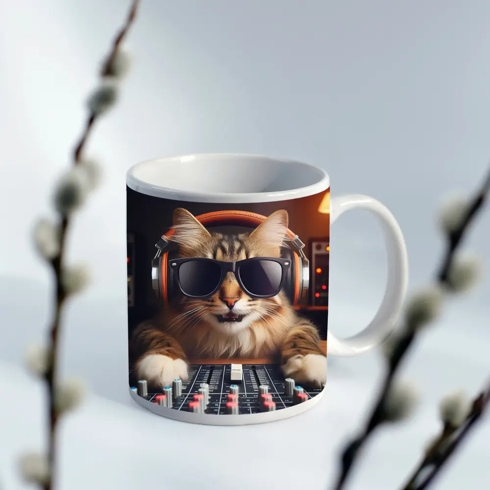 DJ Cat Wearing Sunglasses At Mixing Console – Mugs