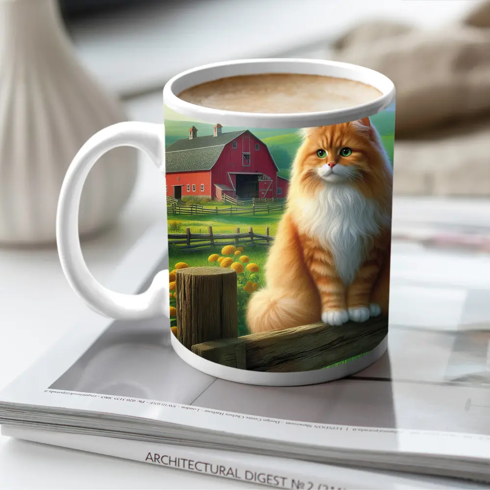 Orange Tabby Cat Sitting On Farm Fence – Mugs