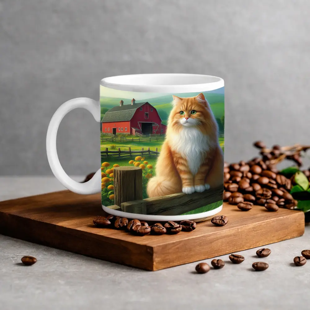 Orange Tabby Cat Sitting On Farm Fence – Mugs