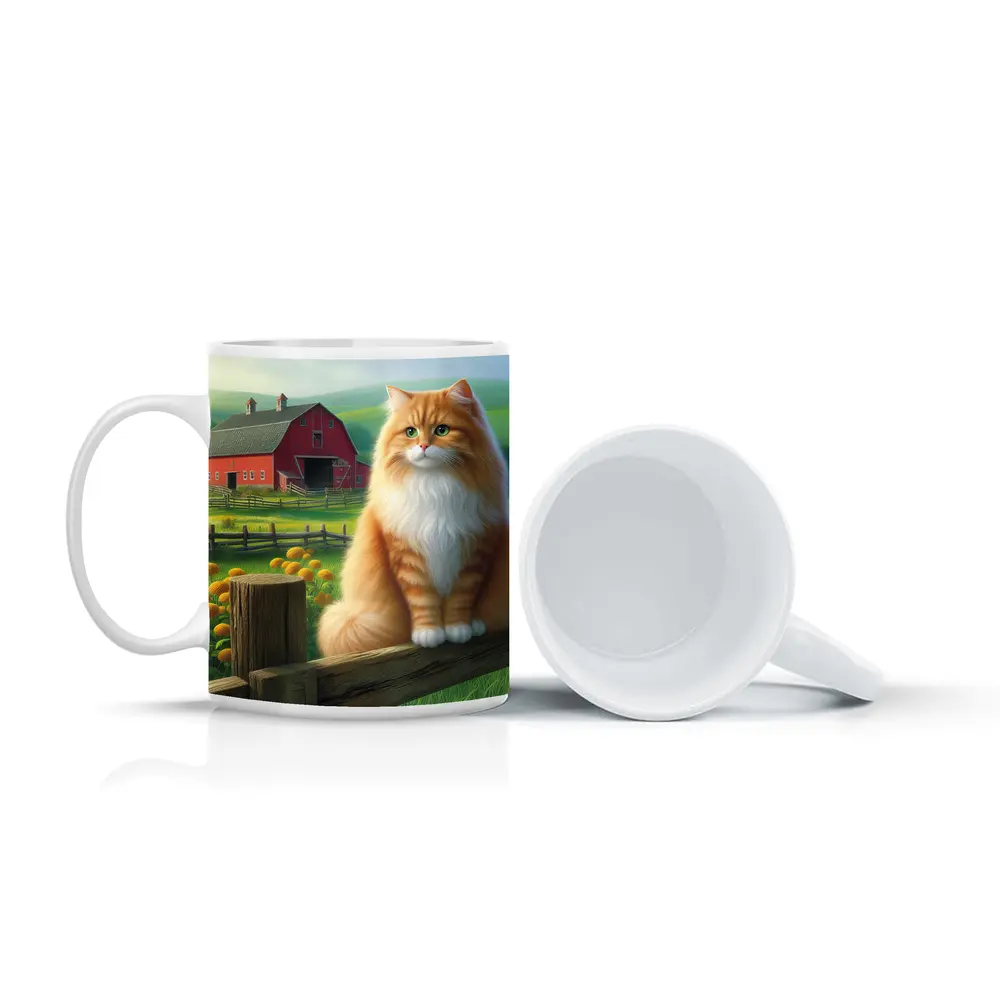 Orange Tabby Cat Sitting On Farm Fence – Mugs