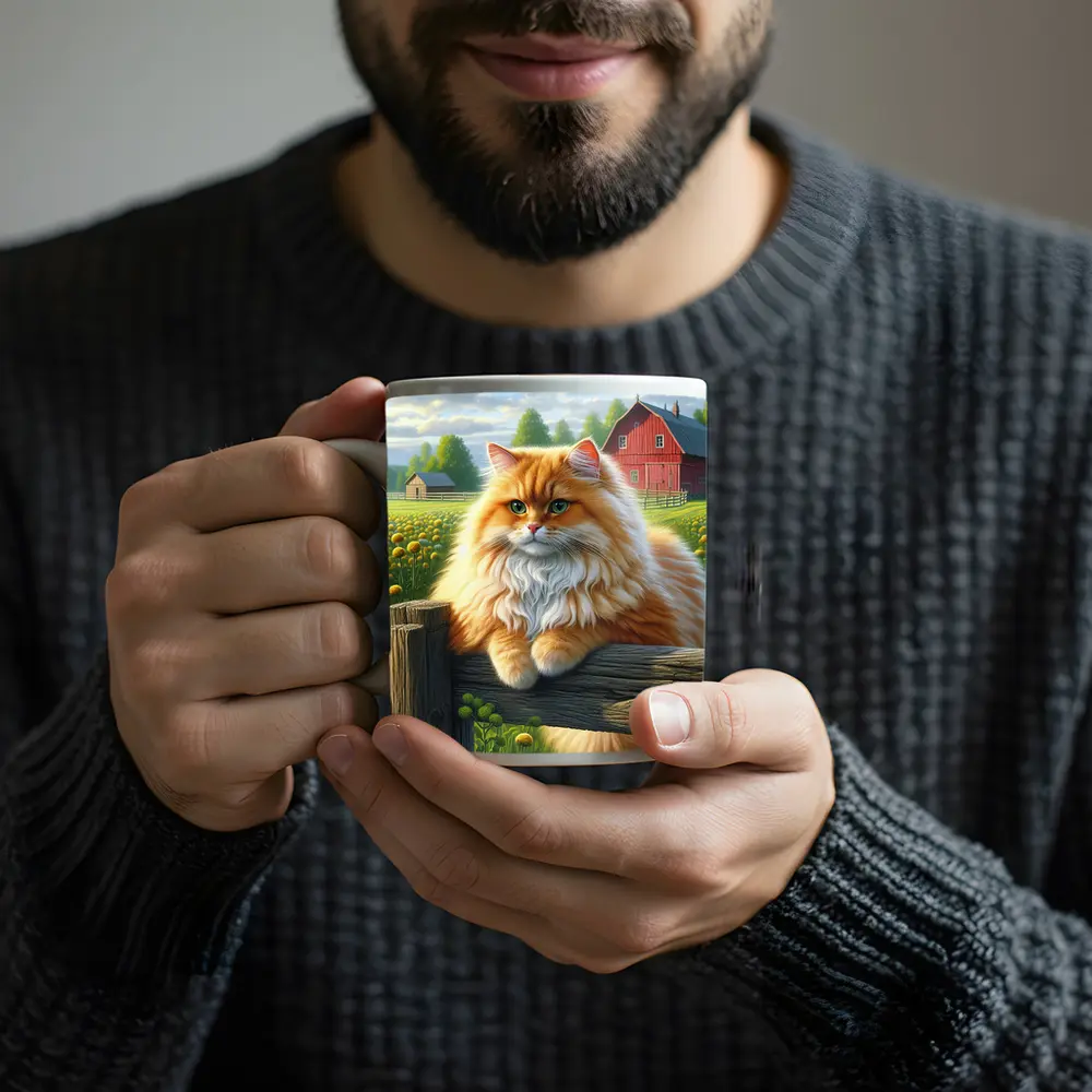 Orange Persian Cat Farm Countryside Scene – Mugs