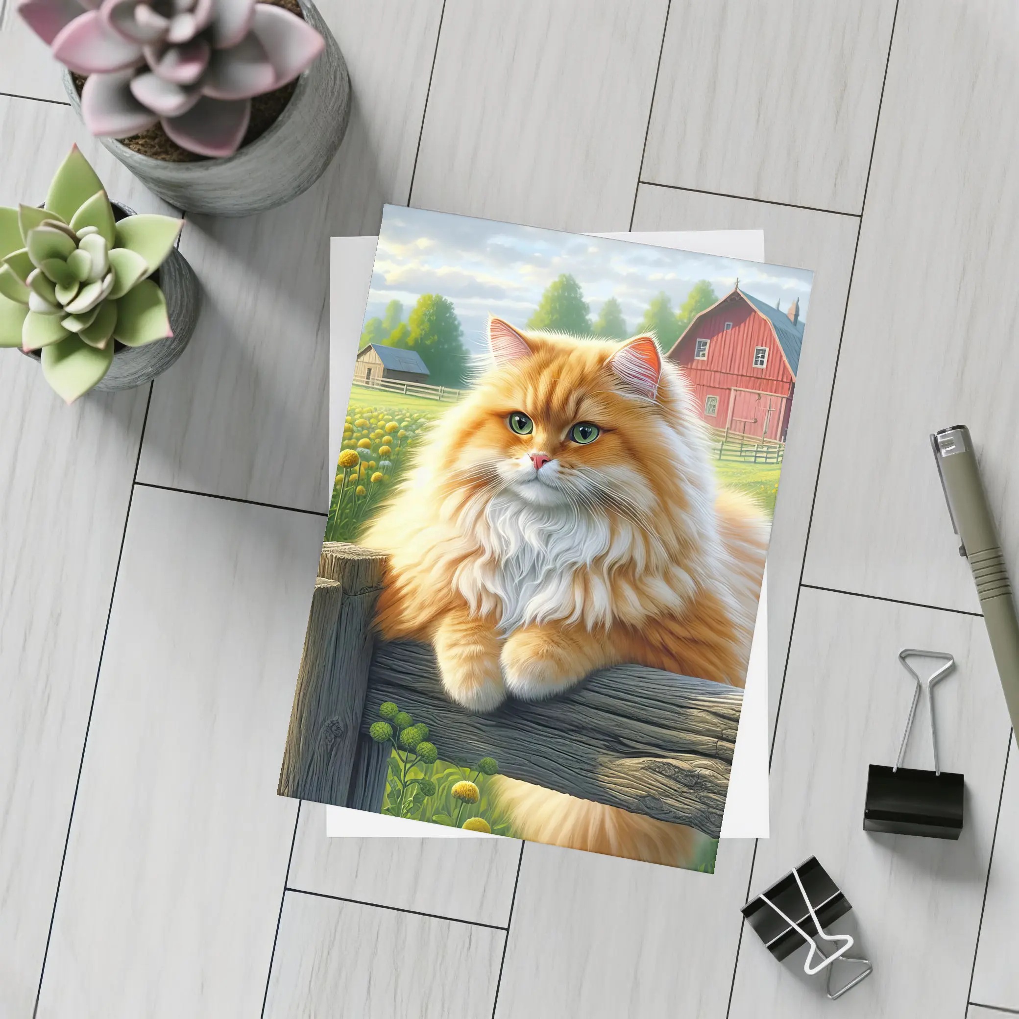 Orange Persian Cat Farm Countryside Scene – Postcards