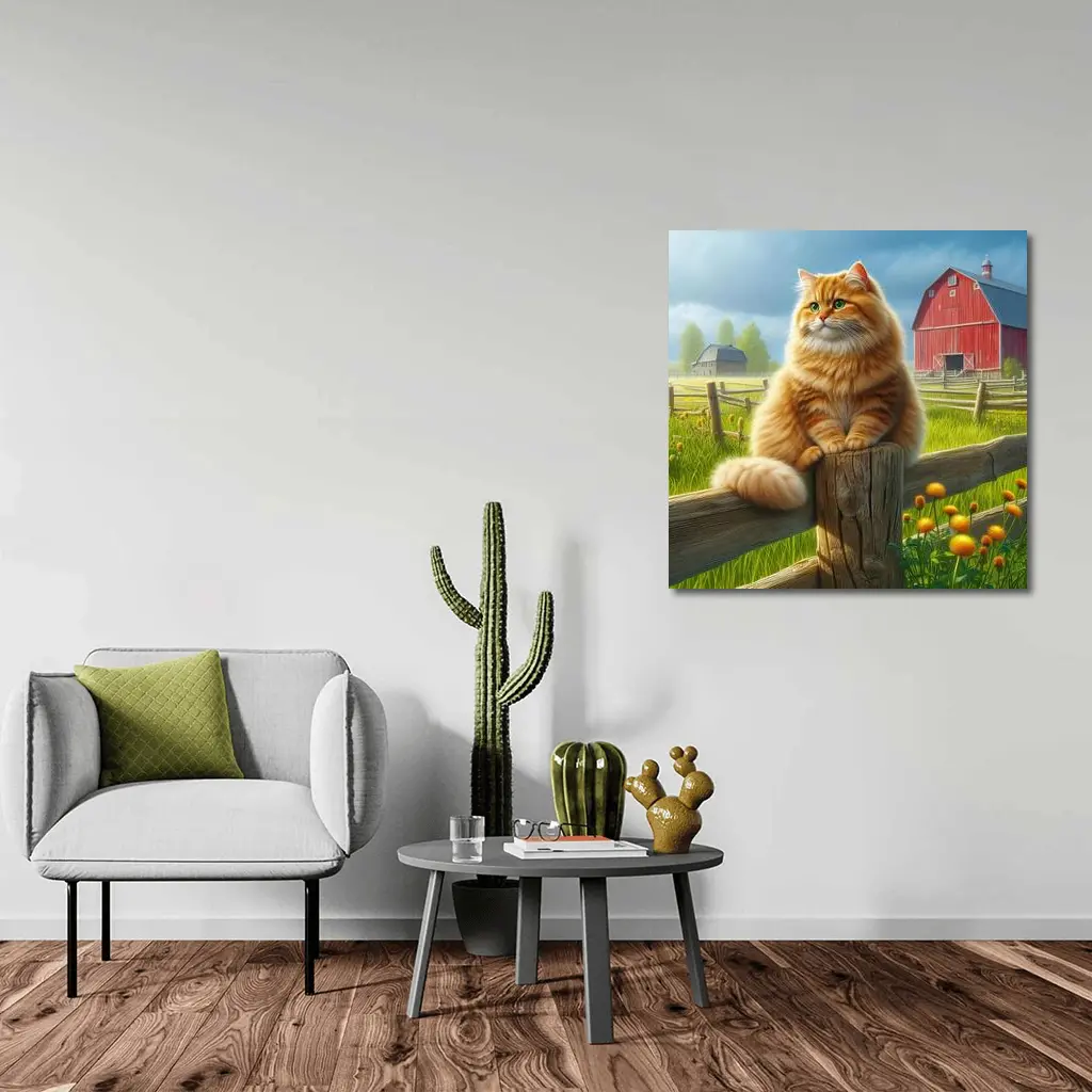 Fluffy Orange Cat on Farm Fence – Wall Art