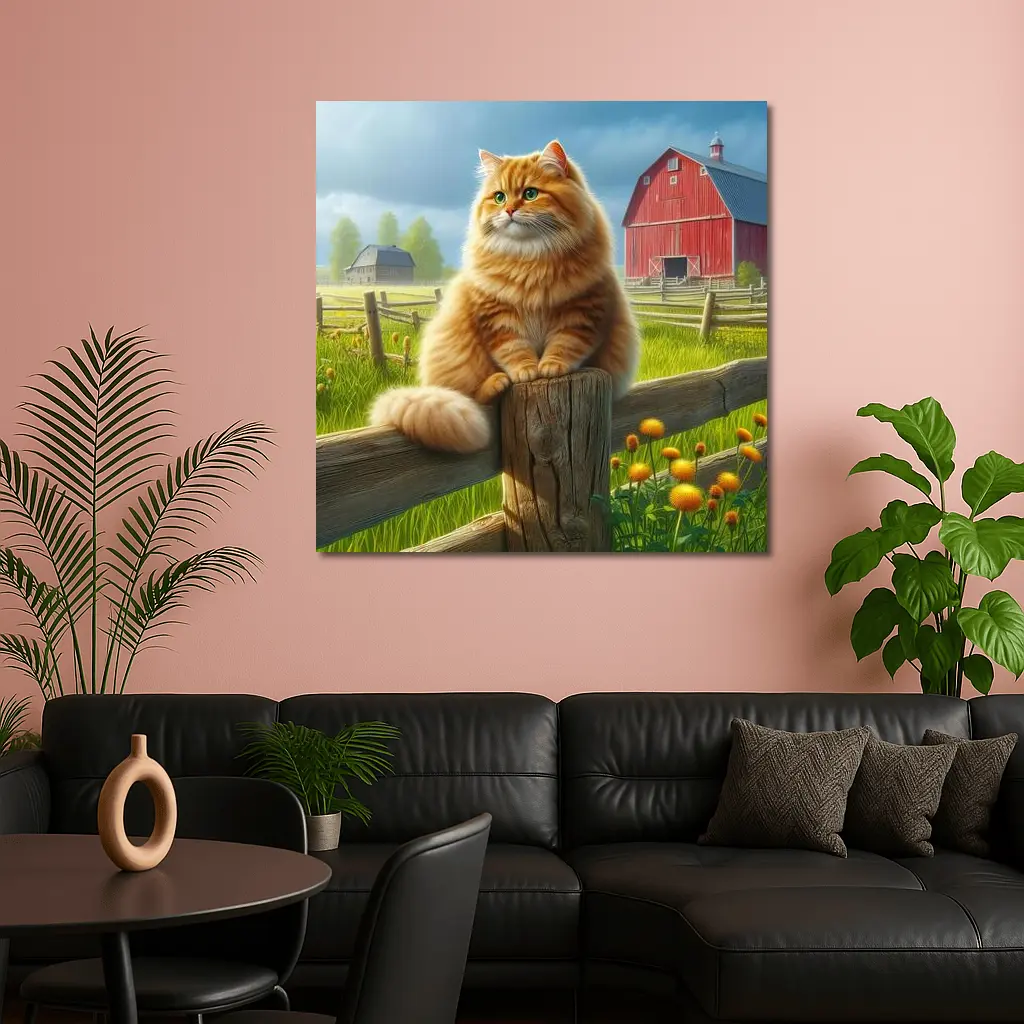 Fluffy Orange Cat on Farm Fence – Wall Art