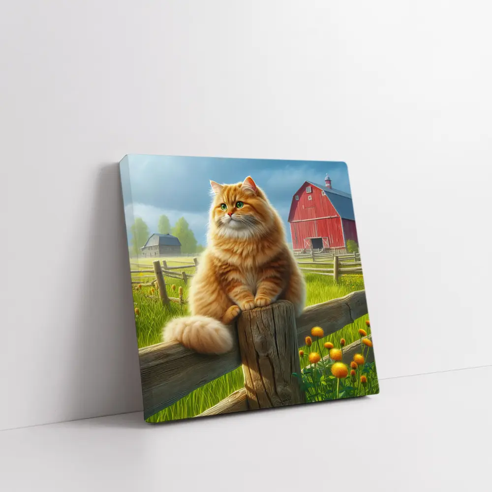 Fluffy Orange Cat on Farm Fence – Wall Art
