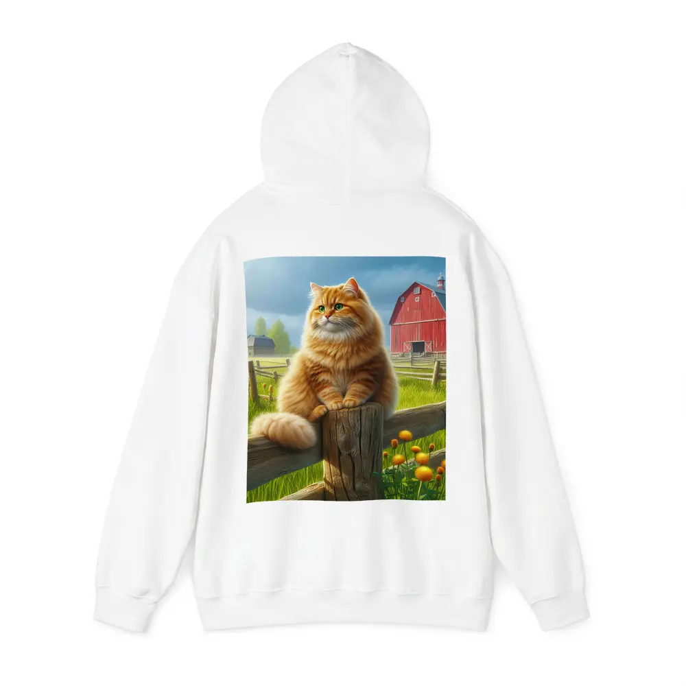 Fluffy Orange Cat on Farm Fence – Hoodies