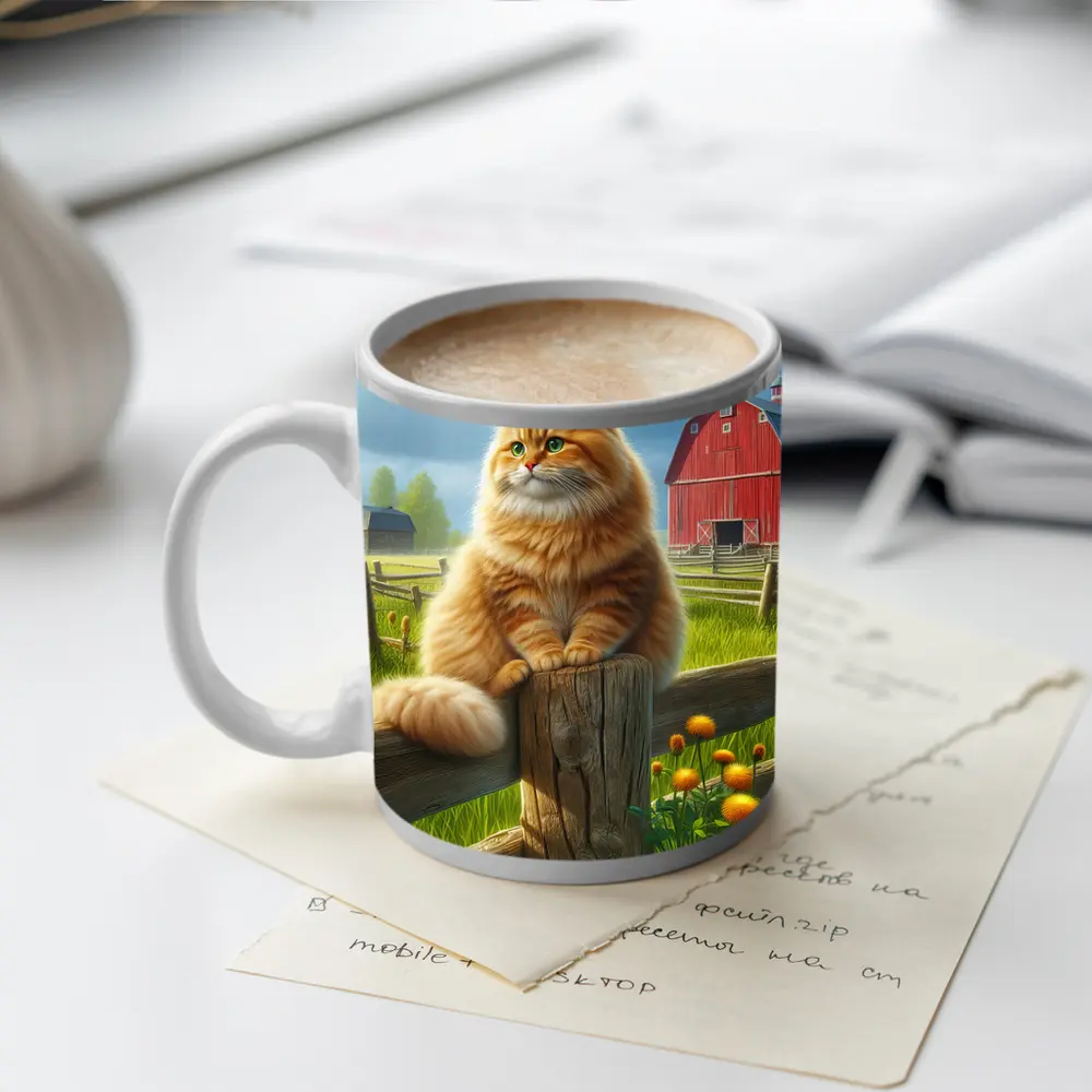 Fluffy Orange Cat on Farm Fence – Mugs
