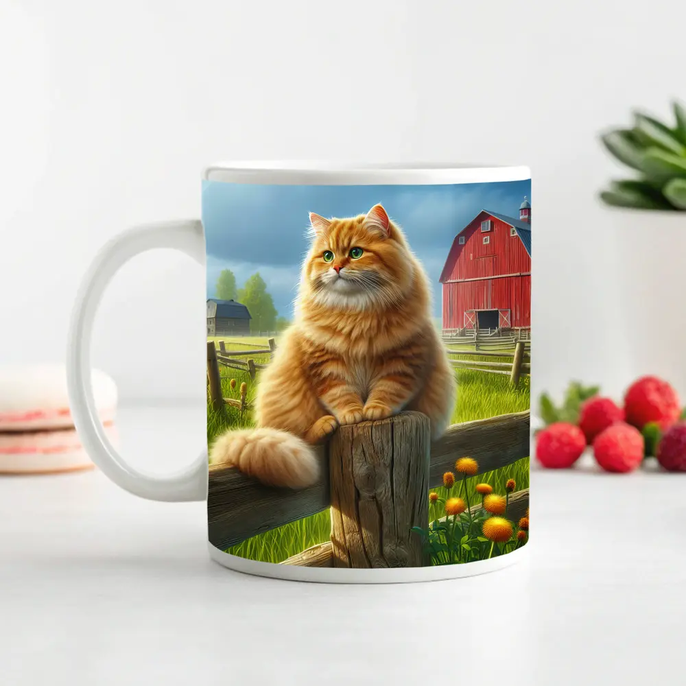 Fluffy Orange Cat on Farm Fence – Mugs