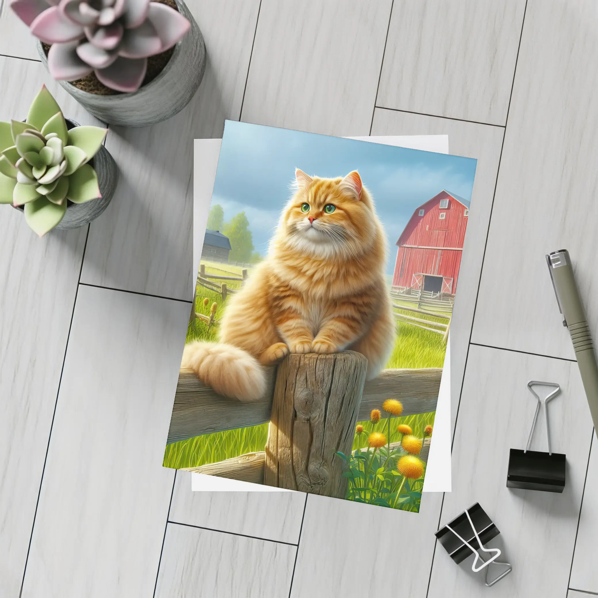 Fluffy Orange Cat on Farm Fence – Postcards