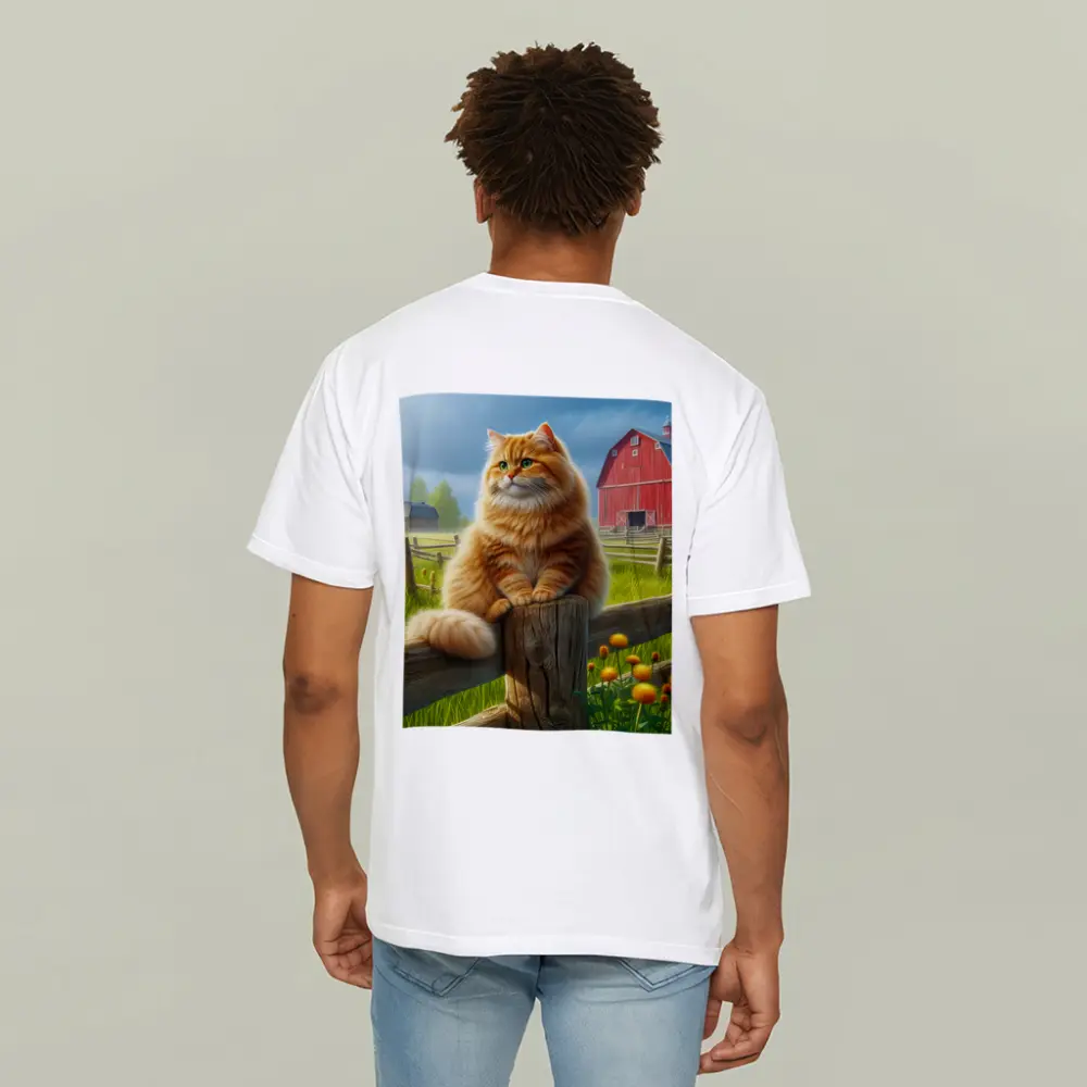 Fluffy Orange Cat on Farm Fence – T-Shirts