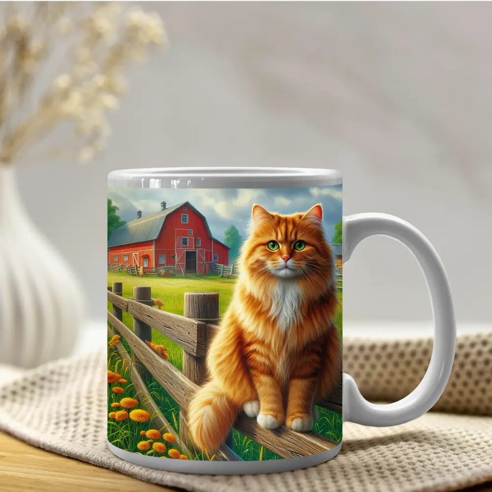 Orange Tabby Cat Farm Fence Country – Mugs