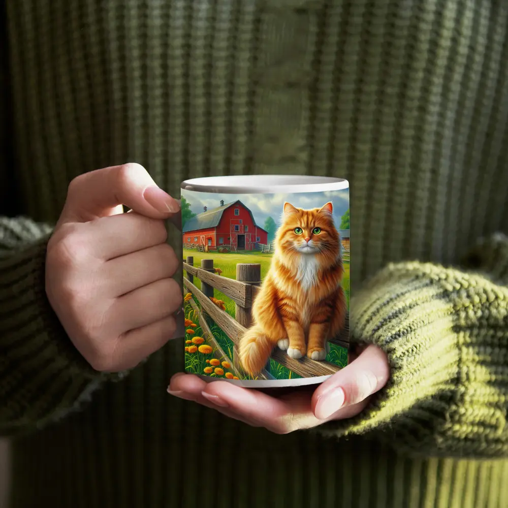Orange Tabby Cat Farm Fence Country – Mugs