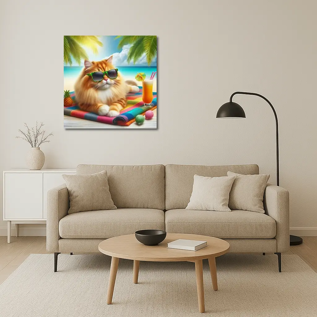 Orange Cat Sunglasses Relaxing Tropical Beach – Wall Art
