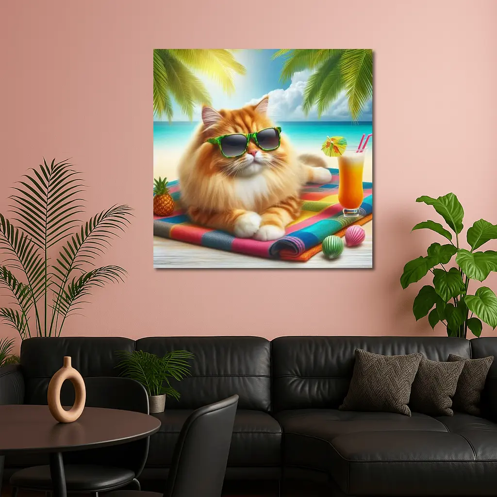 Orange Cat Sunglasses Relaxing Tropical Beach – Wall Art