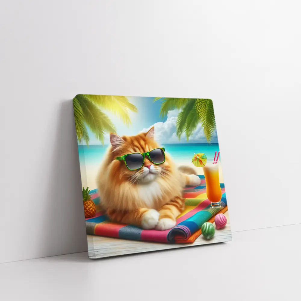 Orange Cat Sunglasses Relaxing Tropical Beach – Wall Art