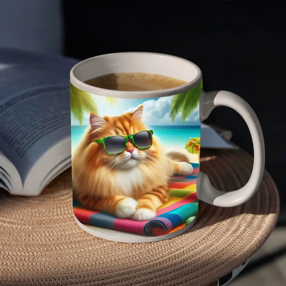 Orange Cat Sunglasses Relaxing Tropical Beach – Mugs
