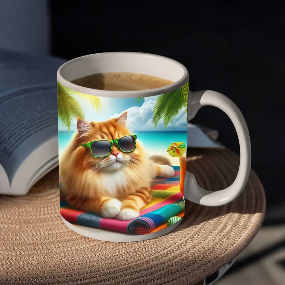 Orange Cat Sunglasses Relaxing Tropical Beach – Mugs