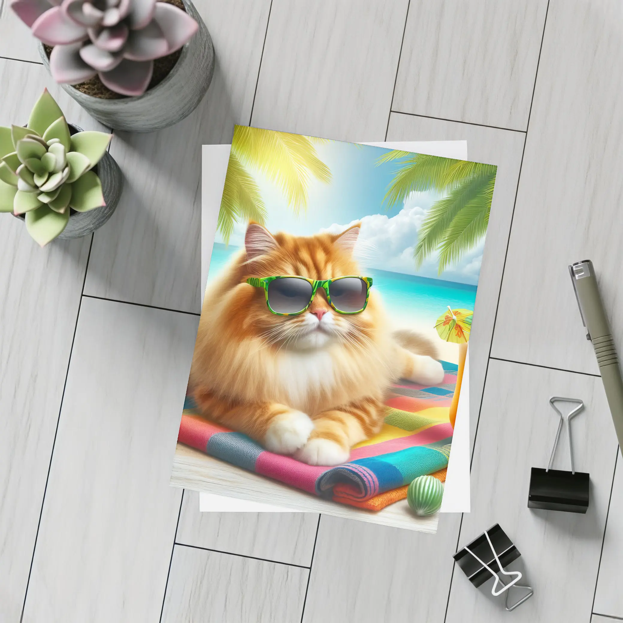 Orange Cat Sunglasses Relaxing Tropical Beach – Postcards