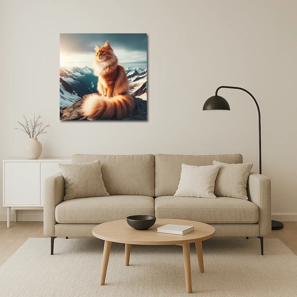 Orange Norwegian Forest Cat Snowy Mountain Summit – Wall Art