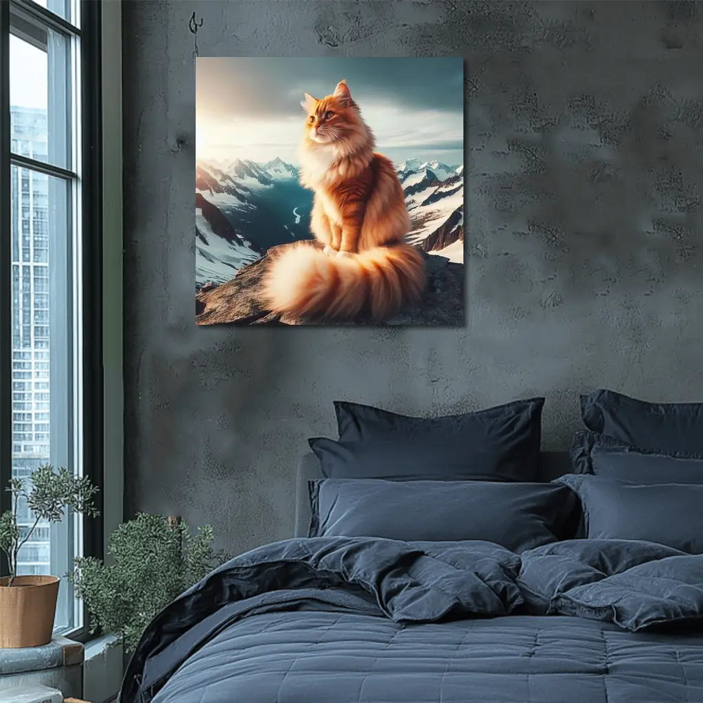 Orange Norwegian Forest Cat Snowy Mountain Summit – Wall Art