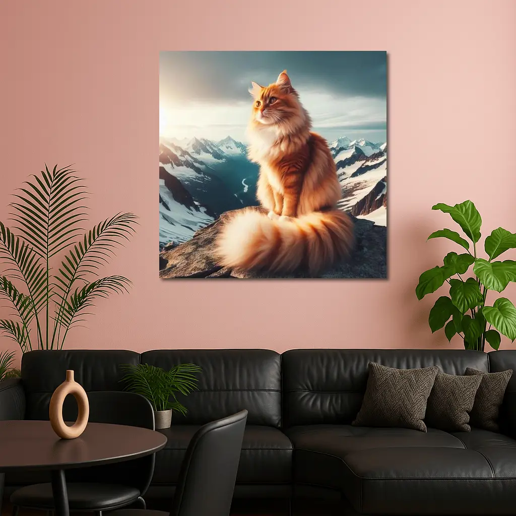 Orange Norwegian Forest Cat Snowy Mountain Summit – Wall Art
