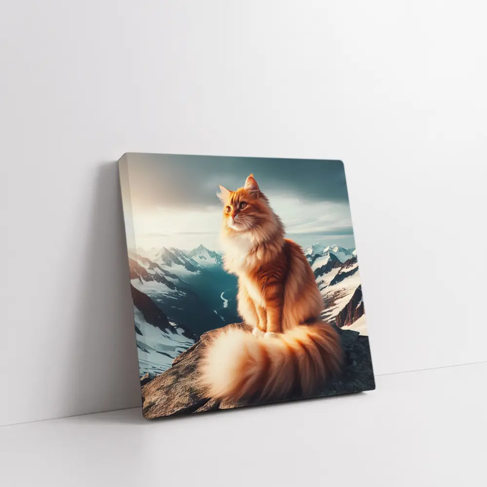 Orange Norwegian Forest Cat Snowy Mountain Summit – Wall Art