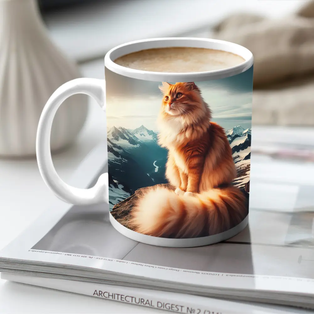 Orange Norwegian Forest Cat Snowy Mountain Summit – Mugs